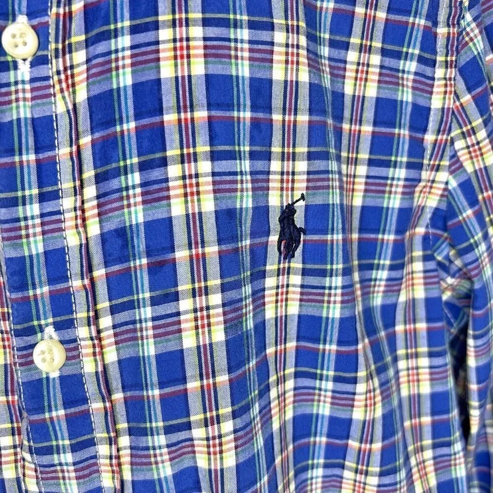 Ralph Lauren Boys Tops Button Down Shirt 7 Blue Plaid Cotton Pony Logo